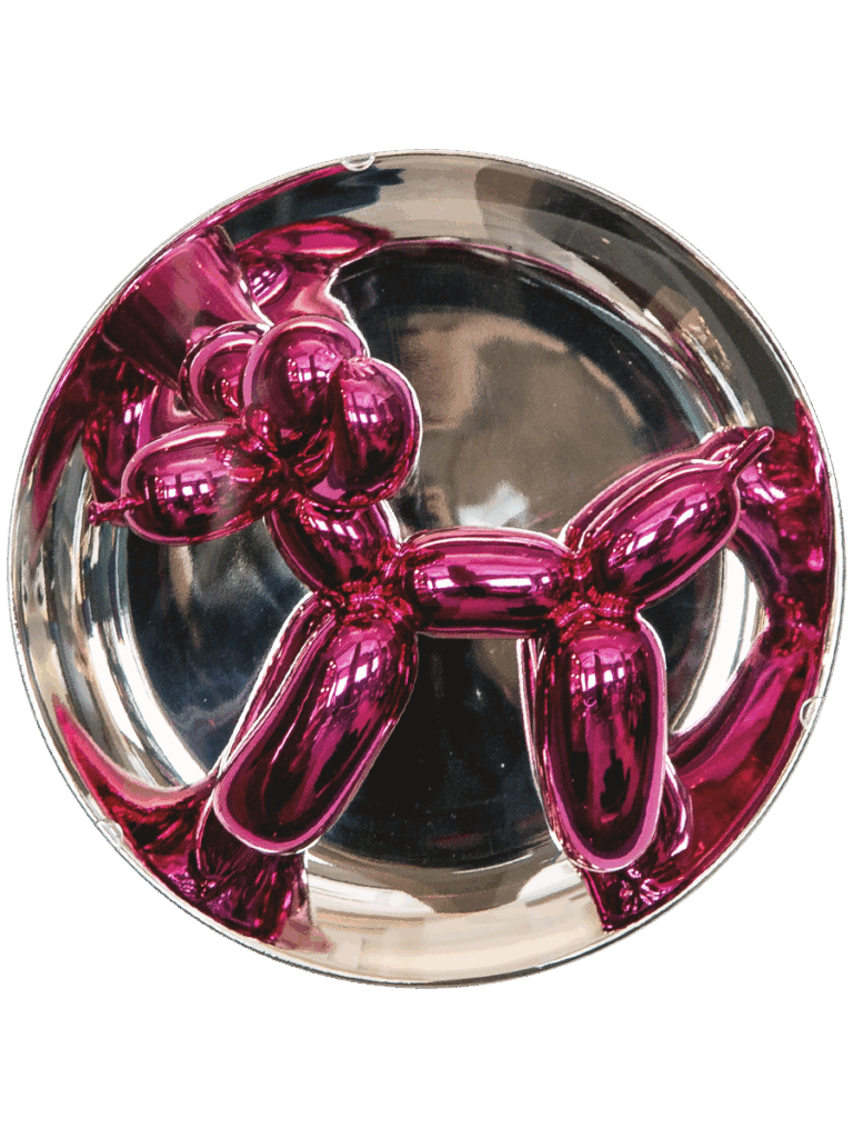 Glänzende zeitgenössische Kunstskulptur in Pink im Hotel The Wellem Düsseldorf, dargestellt als ballonähnliche Figur auf reflektierender Metallplatte.