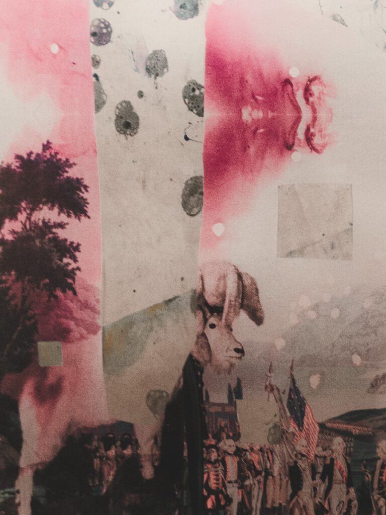 Abstraktes, collageartiges Kunstwerk im Hotel The Wellem Düsseldorf mit rosa Farbverläufen, figürlichen Details und historischen Motivfragmenten.