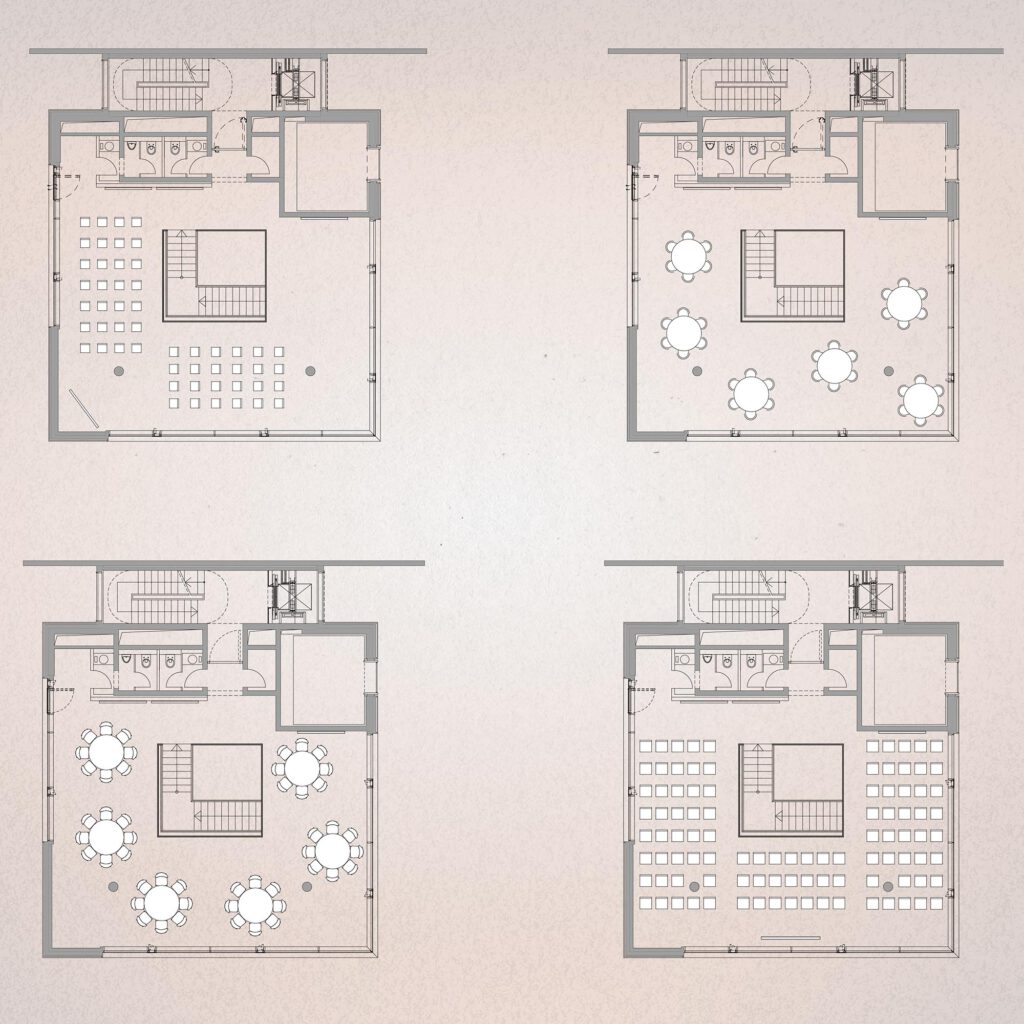 Grundriss des ersten Obergeschosses in verschiedenen Varianten des Mutter Ey Cafés